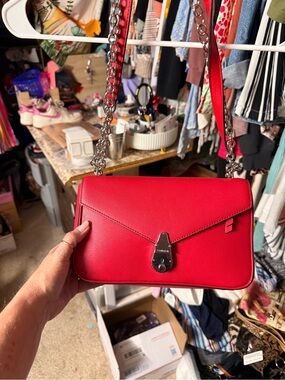 Calvin Klein Red Leather Shoulder Bag with Silver Chain